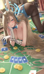 Rule 34 | 1girl, abrea, absurdly long hair, absurdres, all fours, animal ears, ass, asuna (blue archive), asuna (bunny) (blue archive), banana oekaki, bare shoulders, blue archive, blue bow, blue bowtie, blue eyes, blue leotard, blue ribbon, blurry, blush, bow, bowtie, breasts, brown pantyhose, card, cheek rest, cleavage, collar, depth of field, detached collar, diffraction spikes, dutch angle, elbow rest, eyes visible through hair, fake animal ears, fake tail, feet out of frame, foreshortening, glint, gloves, hair ribbon, halo, hand on own face, highleg, highleg leotard, highres, holding, holding card, indoors, large breasts, leotard, light brown hair, long hair, looking at viewer, mole, mole on breast, official alternate costume, on table, pantyhose, playboy bunny, playing card, poker chip, poker table, rabbit ears, rabbit tail, ribbon, sidelocks, solo, swept bangs, table, tail, thighband pantyhose, thighs, very long hair, white collar, white gloves