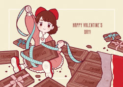 Rule 34 | 1girl, aqua ribbon, blush, bow, brown hair, candy, chocolate, chocolate bar, collared dress, dress, food, hair bow, happy valentine, highres, long sleeves, original, oversized food, oversized object, pink dress, pink ribbon, red bow, red footwear, reiwa, ribbon, shoes, short hair, sitting, smile, solo, valentine, wide shot, yoshimon