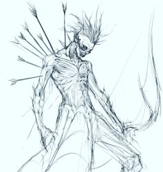 Rule 34 | 1boy, arrow (projectile), bad id, bad twitter id, bow (weapon), collarbone, fingernails, floating, floating hair, greyscale, highres, holding, holding bow (weapon), holding weapon, jung myung lee, long fingernails, male focus, monochrome, monster, original, planted, planted arrow, pointy ears, sketch, solo, spikes, teeth, topless male, vambraces, very long fingernails, weapon, wide-eyed