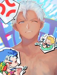 Rule 34 | 3boys, ;d, ^ ^, alternate hairstyle, anger vein, angry, archer (fate), archer (water gun battle) (fate), blonde hair, blue hair, chibi, closed eyes, commentary request, cu chulainn (fate), cu chulainn (fate/stay night), cu chulainn (water gun battle) (fate), dark skin, fate/grand order, fate (series), floral print, floral swimsuit, gilgamesh (fate), gilgamesh (water gun battle) (fate), grey eyes, long hair, looking at another, male focus, male swimwear, multiple boys, no shirt, official alternate costume, one eye closed, open mouth, pink male swimwear, pink swim trunks, ponytail, print male swimwear, print swim trunks, print swimsuit, red eyes, short hair, smile, solo, solo focus, swim trunks, swimsuit, takotako31029, teeth, toned, toned male, topless male, upper body, water gun, white hair, wince