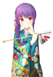 Rule 34 | 1girl, arrow (projectile), asymmetrical hair, basa rutan, earrings, floral print, hair ornament, hamaya, holding, japanese clothes, jewelry, kimono, long hair, long sleeves, looking at viewer, original, purple hair, red eyes, simple background, smile, solo, upper body, white background, wide sleeves