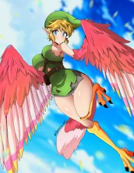 Rule 34 | 1girl, absurdres, artist name, bare shoulders, belt, belt pouch, bird legs, blue eyes, blush, breasts, cloud, commentary request, ear piercing, feathers, flying, genderswap, genderswap (mtf), green headwear, harpy, highres, jarckius, large breasts, link, looking at viewer, monster girl, monsterification, nintendo, piercing, pink feathers, pink wings, pointy ears, pouch, sky, smile, solo, talons, the legend of zelda, thigh gap, thighs, torn clothes, winged arms, wings