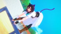 Rule 34 | 1girl, 3d, animal ears, ankle boots, armor, belt, belt boots, black gloves, black hair, black tail, black thighhighs, blue eyes, blue sky, blurry, blurry background, blush, body armor, boots, breastplate, brown belt, brown footwear, cat ears, cat girl, cat tail, chest armor, chest plate, cowboy boots, day, dress, earrings, fingerless gloves, fran (tensei shitara ken deshita), from side, full body, gloves, gold earrings, hair between eyes, highres, jewelry, kirbro, leaning forward, leather, leather belt, leather boots, looking at viewer, looking to the side, medium hair, nail polish, open mouth, outdoors, pink nails, puffy sleeves, riding boots, sand, short sleeves, sky, solo, standing, tail, tensei shitara ken deshita, thighhighs, tree, wall, white dress