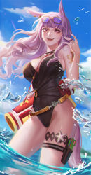 Rule 34 | 1girl, :d, animal ears, beach, black one-piece swimsuit, blunt bangs, breasts, cleavage, cloud, cloudy sky, earrings, eyewear on head, gold ship (run revolt launcher) (umamusume), gold ship (umamusume), highres, horse ears, horse girl, horse tail, jewelry, long hair, looking at viewer, mesengyeeeee, one-piece swimsuit, open mouth, outdoors, purple eyes, purple hair, sky, smile, solo, sunglasses, swimsuit, tail, thighs, umamusume, wading, water
