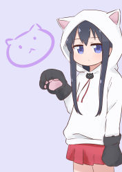 Rule 34 | 1girl, absurdres, animal ears, animal hands, animal hood, black gloves, black hair, blue eyes, blush, casual, cat ears, cat hood, cat paws, child, closed mouth, commentary, cowboy shot, drawstring, embarrassed, fake animal ears, gloves, highres, hood, hood up, hoodie, ixia (ixia424), long hair, looking at viewer, paw gloves, paw pose, pleated skirt, purple background, red skirt, shirosaki hana, simple background, skirt, solo, standing, watashi ni tenshi ga maiorita!, white hoodie