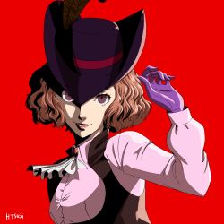 Rule 34 | 1girl, :d, ascot, brown feathers, feathers, gloves, hat, hat feather, hayatetsujimoto, highres, lips, long sleeves, looking at viewer, okumura haru, open mouth, persona, persona 5, pink shirt, purple eyes, purple gloves, purple hat, red background, shirt, simple background, smile, solo, upper body, white ascot