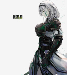Rule 34 | 1girl, absurdres, armor, black gloves, black headband, blood, blood on clothes, blood on face, breasts, colored blood, fingerless gloves, from side, gloves, green blood, green eyes, headband, highres, hololive, large breasts, shirogane noel, shirogane noel (1st costume), short hair, silver hair, simple background, solo, tiara, tsumeki, virtual youtuber, white background