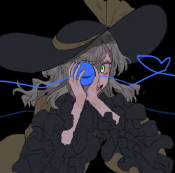 Rule 34 | 1girl, :d, bad id, bad twitter id, black background, black hat, blouse, commentary, covering one eye, eyebrows hidden by hair, fingernails, frilled sleeves, frills, green eyes, green hair, hair between eyes, hands up, hat, hat ribbon, heart, heart of string, holding, komeiji koishi, long hair, long sleeves, looking at viewer, marimo tarou, one-hour drawing challenge, open mouth, ribbon, shirt, simple background, sketch, smile, solo, teeth, third eye, tongue, touhou, upper body, wide sleeves, yellow ribbon, yellow shirt