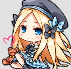 Rule 34 | 1girl, abigail williams (animejapan 2018) (fate), abigail williams (fate), beret, blonde hair, blue bow, blue dress, blue eyes, blush, bow, chibi, commentary, dress, fate/grand order, fate (series), grey background, hair bow, hat, heart, long hair, looking at viewer, lowres, official alternate costume, reina (black spider), simple background, sitting, smile, solo, stuffed animal, stuffed toy, teddy bear