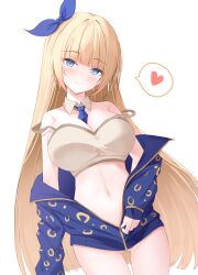 Rule 34 | 1girl, absurdres, artist request, bare shoulders, between breasts, blonde hair, blue eyes, blue jacket, breasts, brown shirt, camisole, cankofi&#039;s character, cleavage, commission, cowboy shot, crop top, detached collar, dungeon and fighter, gluteal fold, hair ribbon, head tilt, heart, highres, jacket, large breasts, long hair, long sleeves, looking at viewer, midriff, navel, necktie, necktie between breasts, off shoulder, open clothes, open jacket, original, partially unzipped, ribbon, second-party source, shirt, sleeveless, sleeveless shirt, smile, solo, spaghetti strap, spoken heart, standing, stomach, strap slip, thighs, unzipped, very long hair