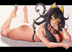 Rule 34 | 1girl, ;), absurdres, animal ears, arm up, armlet, ass, bare legs, bare shoulders, barefoot, black hair, blonde hair, blue eyes, blush, bra, breasts, cat ears, cat tail, cleavage, collarbone, crossed bangs, dehya (genshin impact), fake tail, fang, feet, full body, genshin impact, glint, hair between eyes, hand on own cheek, hand on own face, highres, huge ass, jewelry, large breasts, legs, legs up, letterboxed, long hair, looking at viewer, lying, messy hair, multicolored hair, on stomach, one eye closed, saecchi, shadow, slap mark, smile, soles, solo, spanked, tail, the pose, thigh strap, toes, two-tone hair, underwear