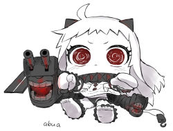 Rule 34 | 10s, 1girl, abua, abyssal ship, ahoge, artist name, chibi, colored skin, dress, horns, kantai collection, long hair, looking at viewer, machinery, mittens, northern ocean princess, panties, pantyshot, red eyes, simple background, sitting, solo, turret, underwear, white background, white dress, white hair, white skin