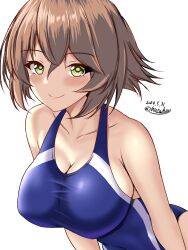 Rule 34 | 1girl, blue one-piece swimsuit, blush, breasts, brown hair, competition swimsuit, covered navel, dated, green eyes, highres, kantai collection, large breasts, lips, looking at viewer, montemasa, mutsu (kancolle), one-piece swimsuit, short hair, signature, smile, solo, swimsuit, twitter username, two-tone swimsuit, upper body, white background