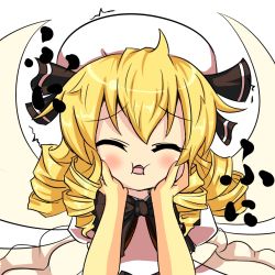 Rule 34 | 1girl, blonde hair, blush, bow, cheek squash, closed eyes, drill hair, fairy wings, female focus, hat, kururunpa, luna child, open mouth, puffy sleeves, solo, touhou, white background, wings