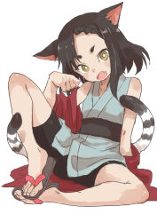 Rule 34 | &gt;:d, 1girl, :d, animal ears, bare shoulders, bike shorts, black hair, blue kimono, blush, braid, bright pupils, cat ears, cat tail, claw pose, fang, full body, head tilt, highres, japanese clothes, kimono, looking at viewer, multiple tails, nekomata, no socks, open mouth, original, sash, short hair, simple background, sitting, sleeveless, sleeveless kimono, smile, solo, spread legs, tail, toes, two tails, v-shaped eyebrows, white background, yamamoto souichirou, yellow eyes