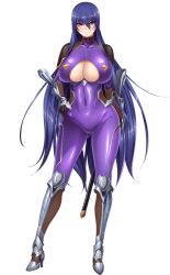 Rule 34 | 1girl, action taimanin, akiyama rinko, aoi nagisa (metalder), bodysuit, boots, breast press, breasts, curvy, female focus, full body, highres, holding, holding weapon, huge breasts, katana, lilith-soft, long hair, looking at viewer, official art, shiny skin, simple background, sitting, smile, solo, sword, taimanin (series), taimanin rpgx, taimanin yukikaze, taimanin yukikaze 2, thighs, weapon, white background