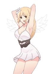 Rule 34 | animated, animated gif, armpits, arms up, black panties, blonde hair, dancing, dress, lost ark, me!me!me!, me!me!me! dance (meme), nineveh (lost ark), panties, underwear, white background, white dress, wings