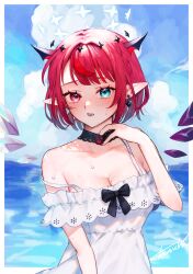 Rule 34 | 1girl, akari0120 s, bare shoulders, blue eyes, border, breasts, choker, cleavage, cloud, cloudy sky, commentary request, crystal wings, detached wings, double halo, dress, earrings, halo, hand on own neck, heterochromia, hololive, hololive english, horns, irys (casualrys) (hololive), irys (hololive), irys (irys 2.0) (hololive), jewelry, lace-trimmed choker, lace trim, looking at viewer, medium breasts, ocean, official alternate costume, open mouth, pink eyes, pointy ears, red hair, red nails, short hair, signature, sky, solo, star halo, strap slip, sweat, teeth, upper body, upper teeth only, virtual youtuber, white border, white dress, wings