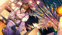 Rule 34 | 1girl, animal ears, brown eyes, brown hair, cat ears, cat tail, cluseller, dutch angle, facial mark, final fantasy, final fantasy xiv, fireworks, flower, hair flower, hair ornament, japanese clothes, kimono, long hair, looking at viewer, miqo&#039;te, night, obi, open mouth, ponytail, sash, solo, tail, warrior of light (ff14), whisker markings, wide sleeves