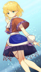 Rule 34 | 1girl, arm warmers, belt, blonde hair, blue background, breasts, brown dress, closed mouth, commentary request, dress, eyes visible through hair, gradient background, green eyes, hand up, highres, kisamu (ksmz), looking at viewer, medium breasts, mizuhashi parsee, open clothes, open dress, pointy ears, scarf, short hair, short sleeves, solo, standing, touhou, white belt, white scarf