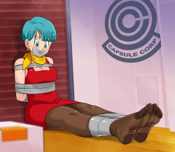 Rule 34 | 1girl, angry, arms behind back, bare shoulders, bdsm, blue eyes, blue hair, bondage, bound, bound ankles, bound arms, breasts, bulma, capsule corp, cleavage, dragon ball, dragonball z, dress, earrings, female focus, full body, gag, gagged, highres, improvised gag, jewelry, legs, lost one zero, matching hair/eyes, mature female, medium breasts, pantyhose, red dress, scarf, short dress, short hair, sleeveless, sleeveless dress, solo, sweat, tape, tape bondage, tape gag, very short hair