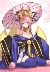 Rule 34 | 1girl, absurdres, animal ear fluff, animal ears, bad id, bad pixiv id, ball, bare shoulders, black bow, blue bow, blue kimono, blue thighhighs, bow, breasts, brown eyes, cleavage, closed mouth, commentary request, fate/extra, fate (series), flower, fox ears, fox girl, fox tail, hair between eyes, hair bow, headpiece, highres, japanese clothes, kimono, kitsune, large breasts, long hair, long sleeves, looking at viewer, off shoulder, official alternate costume, oil-paper umbrella, petals, pink flower, pink hair, pink umbrella, sitting, sleeves past fingers, sleeves past wrists, smile, solo, striped, striped bow, tail, tamamo (fate), tamamo no mae (fate/extra), tamamo no mae (third ascension) (fate), thick eyebrows, thighhighs, umbrella, very long hair, wariza, yuzu-aki