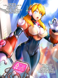 Rule 34 | 1girl, alia (mega man), android, blonde hair, blue eyes, breasts, capcom, chest jewel, controller, english text, engrish text, gloves, hacking, hairband, highres, large breasts, long hair, mega man (series), mega man x (series), minster (dooke), open mouth, radio antenna, ranguage, remote control, static, tablet pc, teeth, upper teeth only, white gloves