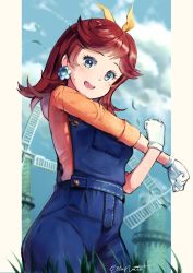 Rule 34 | 1girl, arm up, blue eyes, breasts, day, earrings, ellanotte, flower earrings, gloves, grass, highres, jewelry, looking down, mario (series), mario kart, mario kart tour, nintendo, open mouth, overalls, princess daisy, red hair, ribbon, standing, sweat, tomboy, windmill