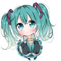 Rule 34 | 1girl, aqua eyes, aqua hair, bare shoulders, black skirt, black sleeves, blush, chibi, commentary, detached sleeves, expressionless, frilled shirt, frilled shirt collar, frills, from above, full body, gradient hair, grey shirt, hair ornament, hatsune miku, highres, holding, holding stuffed toy, long hair, looking at viewer, multicolored hair, shirt, shoulder blush, simple background, skirt, sleeveless, sleeveless shirt, solo, stuffed animal, stuffed toy, teddy bear, thighhighs, twintails, vocaloid, wakarin (akaririnngo), white background