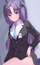 Rule 34 | 1girl, absurdres, black jacket, black skirt, blue archive, blue eyes, blue necktie, blush, buruma, closed mouth, clothes lift, collared shirt, hair ornament, halo, highres, jacket, lifting own clothes, long hair, long sleeves, mechanical halo, name tag, necktie, purple eyes, sei (0724sei6), shirt, skirt, skirt lift, thighs, two side up, white shirt, yuuka (blue archive)