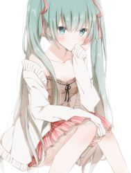 Rule 34 | 1girl, aqua eyes, aqua hair, blush, breasts, cardigan, cleavage, collarbone, hair ribbon, hand to own mouth, hatsune miku, hiro (hirohiro31), knees together feet apart, long hair, long sleeves, looking at viewer, open cardigan, open clothes, ribbon, shirt, sitting, skirt, small breasts, solo, twintails, very long hair, vocaloid
