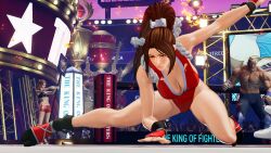 Rule 34 | 1girl, 3d, bare legs, breasts, cleavage, flexible, full body, hand fan, high ponytail, highleg, highleg leotard, highres, holding, holding fan, large breasts, leotard, lips, long hair, ponytail, red leotard, ryona, screencap, shiny skin, shiranui mai, skindentation, sky, snk, squatting, the king of fighters, the king of fighters xv, third-party edit, very long hair