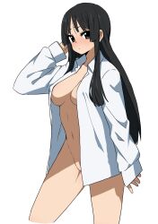 Rule 34 | 1girl, absurdres, akiyama mio, black eyes, black hair, blush, breasts, closed mouth, collared shirt, cowboy shot, highres, k-on!, kicchi (tmgk), large breasts, long hair, long sleeves, looking at viewer, naked shirt, navel, open clothes, open shirt, shirt, sidelocks, simple background, solo, standing, white background, white shirt