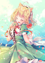 Rule 34 | 1girl, :d, animal ear fluff, animal ears, back bow, blonde hair, blue sky, blurry, blurry background, blush, bow, braid, breasts, center frills, cloud, cloudy sky, commentary request, day, depth of field, dog ears, closed eyes, fang, fingernails, flower, frills, green skirt, hair bow, hand up, high-waist skirt, holding, holding flower, medium breasts, nemuri nemu, open mouth, original, outdoors, puffy short sleeves, puffy sleeves, red bow, ribbon-trimmed skirt, ribbon trim, shirt, short sleeves, side braid, single braid, skirt, sky, smile, solo, white bow, white shirt
