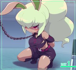 Rule 34 | 1girl, annoyed, arms behind back, blush, boots, breasts, bunny mint, chain, collar, furry, green hair, helpless, indoors, kneeling, large breasts, nollety, pants, rabbit girl, recording, torn clothes, youkai watch, youkai watch 3