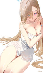 Rule 34 | 1girl, asuna (blue archive), bare shoulders, blue archive, blue eyes, breasts, cleavage, haruri, highres, large breasts, light brown hair, looking at viewer, simple background, solo