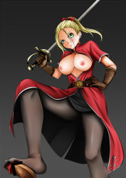 Rule 34 | 1girl, aqua eyes, belt, black background, blonde hair, blush, breasts, breasts out, censored, coat, dragon quest, dragon quest heroes, footjob, gloves, highres, long hair, meer (dqh), nipples, pantyhose, penis, ponytail, ribbon, skirt, solo focus, sword, weapon, zeruda