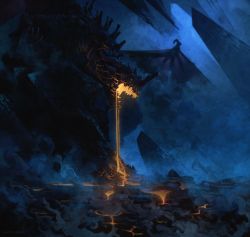 Rule 34 | absurdres, anato finnstark, blue theme, dragon, from side, highres, lava, no humans, open mouth, original