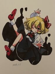 Rule 34 | 1girl, ascot, black skirt, black vest, blonde hair, blush, closed mouth, collared shirt, dated, full body, furiba 794, hair between eyes, hair ribbon, highres, long sleeves, one eye closed, red ascot, red eyes, red footwear, red ribbon, ribbon, rumia, shirt, shoes, short hair, skirt, smile, socks, solo, tongue, tongue out, touhou, traditional media, vest, white shirt, white socks