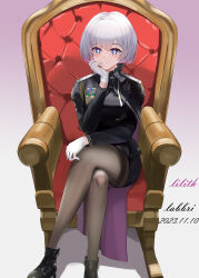 Rule 34 | + +, 1girl, absurdres, black cape, black dress, black pantyhose, blue eyes, cape, closed mouth, colored inner hair, crossed legs, dress, earrings, gloves, goddess of victory: nikke, highres, jewelry, labbri, liliweiss (nikke), looking at viewer, military uniform, multicolored hair, pantyhose, pink hair, purple cape, short hair, sitting, smile, solo, star-shaped pupils, star (symbol), symbol-shaped pupils, two-tone cape, uniform, white gloves, white hair