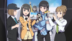 4girls baseball_cap belt belt_buckle black_belt black_hair black_hat black_jacket black_pants black_pantyhose black_ribbon black_skirt blue_necktie blunt_bangs blurry blurry_background bob_cut brown_eyes brown_hair buckle camera closed_mouth coat collared_shirt commentary_request dress_shirt green_eyes green_necktie hat highres holding holding_camera holding_microphone jacket kobuchizawa_shirase laofuzi_dai_bansho long_hair microphone miyake_hinata multiple_girls neck_ribbon necktie open_clothes open_coat open_jacket orange_coat pants pantyhose pantyhose_under_shorts pencil_skirt purple_eyes red_eyes revision ribbon shiraishi_yuzuki shirt short_hair short_shorts shorts skirt smile sora_yori_mo_tooi_basho standing straight_hair tamaki_mari thigh_gap white_shirt white_shorts wing_collar