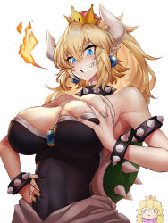 Rule 34 | &lt;:o, 2girls, :o, armlet, armpits, bare shoulders, black dress, black nails, blonde hair, blue eyes, blue gemstone, blush, bowsette, bracelet, grabbing another&#039;s breast, breasts squeezed together, breasts, chibi, cleavage, collar, covered navel, crown, deep skin, dress, earrings, evil grin, evil smile, face of the people who sank all their money into the fx (meme), female focus, fire, from below, gem, grabbing, grabbing own breast, grin, hair between eyes, hand on own hip, hand up, highres, horns, jewelry, kengzeta, large breasts, long hair, looking at another, looking at viewer, looking down, mario (series), meme, monster girl, multiple girls, nail polish, new super mario bros. u deluxe, nintendo, open mouth, pink dress, pointy ears, princess peach, sad, shell, simple background, smile, spiked armlet, spiked bracelet, spiked collar, spiked shell, spikes, strapless, strapless dress, super crown, super mario bros. 1, turtle shell, upper body, white background, white horns