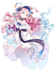 Rule 34 | 1girl, bare shoulders, barefoot, bell, black ribbon, blue eyes, blue hair, blue ribbon, blush, brown eyes, candle, candlestand, choker, dress, floating, frilled choker, frills, full body, gem, gradient hair, hand up, hat, hat ribbon, heterochromia, holding, horns, jingle bell, lace, lace-trimmed ribbon, lace trim, long hair, long sleeves, looking away, looking back, maruneko, multicolored hair, multiple horns, nightcap, nightgown, no shoes, off shoulder, original, pink hair, pink ribbon, polka dot, polka dot legwear, pom pom (clothes), puffy long sleeves, puffy sleeves, ribbon, ribbon choker, sash, simple background, single sock, socks, solo, tassel, two-tone hair, very long hair, wavy hair, white background, white dress, white hat, witch