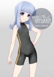 Rule 34 | 1girl, alternate costume, artist name, black bodysuit, black one-piece swimsuit, black wetsuit, blue eyes, blue hair, blunt bangs, blush, bodysuit, character name, checkered background, collarbone, commentary request, contrapposto, cowboy shot, diving suit, eyes visible through hair, flat chest, gradient background, grey background, hand on own hip, hatsukaze (kancolle), highres, inaba shiki, kantai collection, long hair, looking at viewer, one-hour drawing challenge, one-piece swimsuit, simple background, smile, solo, striped clothes, striped one-piece swimsuit, swimsuit, vertical-striped clothes, vertical-striped one-piece swimsuit, wetsuit
