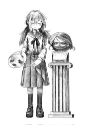 Rule 34 | 1girl, blush, bust (sculpture), closed eyes, closed mouth, column, expressionless, full body, greyscale, hair between eyes, hair ornament, hairclip, hands up, highres, holding, holding paintbrush, holding palette, kilsturgeon, kneehighs, long hair, long sleeves, low twintails, mary janes, medium skirt, messy hair, monochrome, neck ribbon, neckerchief, paint, paintbrush, palette (object), parted bangs, pillar, pleated skirt, raised eyebrows, ribbon, sailor collar, school uniform, sculpture, serafuku, shaded face, shadow, shimeji simulation, shirt, shirt tucked in, shoes, simple background, single sidelock, skirt, socks, solo, standing, sumida (shimeji simulation), twintails, white background, wig