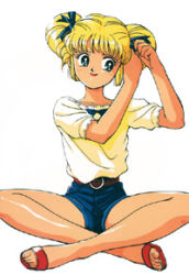 Rule 34 | 1980s (style), 1girl, belt, blonde hair, blue eyes, blush, bow, casual, crossed legs, denim, denim shorts, feet, hair bow, hairdressing, idol densetsu eriko, indian style, lace, lace-trimmed shirt, lace trim, legs, lipstick, looking away, lowres, makeup, oldschool, retro artstyle, ribbon, sandals, shirt, short hair, short shorts, short twintails, shorts, simple background, sitting, smile, solo, tamura eriko, twintails, white background
