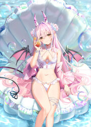 Rule 34 | 1girl, bare shoulders, bra, breasts, bubble, clam, closed mouth, demon girl, demon horns, demon tail, demon wings, double bun, frilled panties, frills, hair bun, hair intakes, hair ornament, highres, holding, holding jar, horns, jacket, jar, lingerie, long hair, looking at viewer, medium breasts, navel, off shoulder, omelet tomato, open clothes, open jacket, original, panties, pink hair, pink jacket, pointy ears, sitting, smile, solo, stomach, tail, thighs, underwear, very long hair, wet, white bra, white panties, wide sleeves, wings, yellow eyes