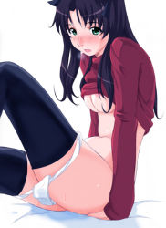 Rule 34 | 00s, 1girl, bad anatomy, black thighhighs, breasts, fate/stay night, fate (series), large breasts, panties, panty pull, poorly drawn, solo, thighhighs, tohsaka rin, tsuka (blind side), turtleneck, underboob, underwear