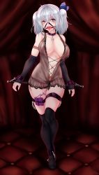 Rule 34 | 1girl, absurdres, bad id, bad pixiv id, barcode, barcode tattoo, bdsm, black thighhighs, blue eyes, blush, bondage, bound, breasts, chain, clitoris piercing, collar, cuffs, dental gag, full body, gag, gagged, harness, harness gag, heart, heart-shaped pupils, highres, kantai collection, kashima (kancolle), large breasts, looking at viewer, nipple piercing, nipples, open mouth, piercing, pubic tattoo, pussy, pussy piercing, ring gag, see-through, sex toy, silver hair, slave, solo, spreader bar, symbol-shaped pupils, tattoo, tears, thighhighs, tongue, twintails, uncensored, vibrator, yakou (4507770)