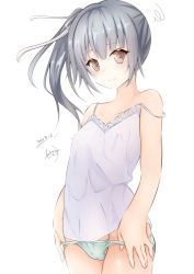 Rule 34 | 1girl, bare arms, bare shoulders, blush, brown eyes, camisole, closed mouth, collarbone, commentary request, dakkusu, dated, green panties, grey hair, groin, hair between eyes, hair ribbon, kantai collection, kasumi (kancolle), long hair, looking at viewer, panties, panty pull, pulled by self, ribbon, side ponytail, signature, simple background, solo, squiggle, strap slip, underwear, underwear only, wavy mouth, white background, white camisole, white ribbon
